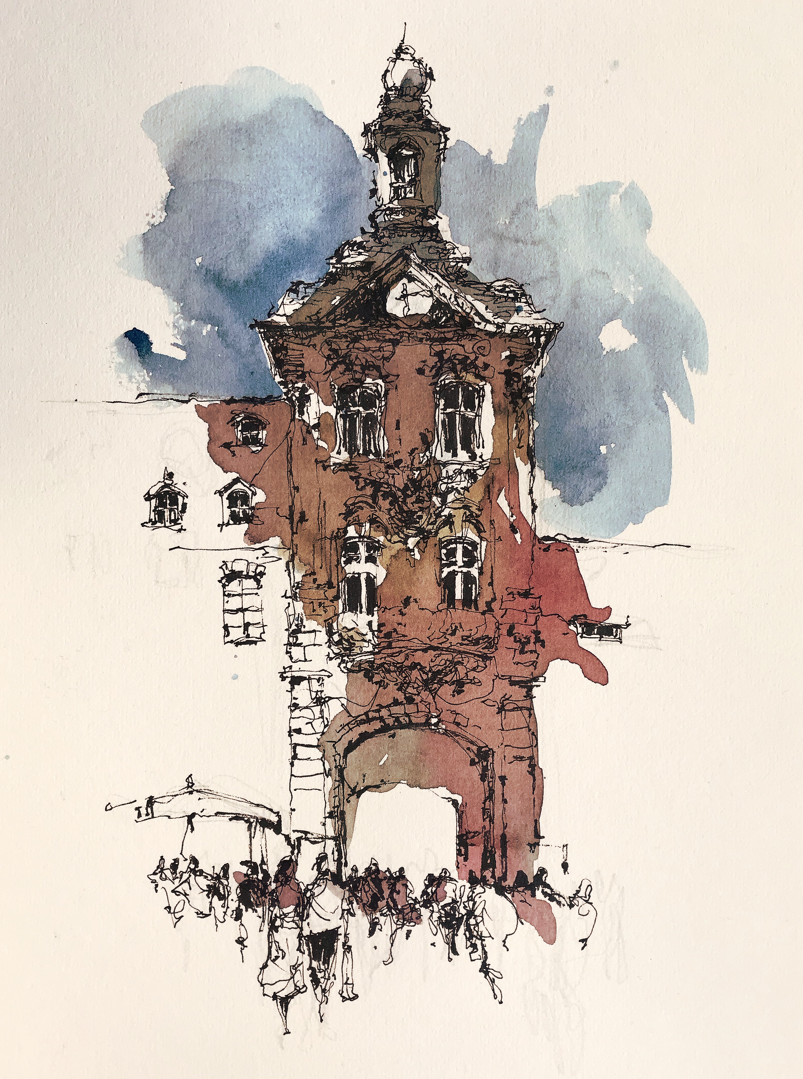 Watercolour and ink drawing of the Altes Rathaus in Bamberg