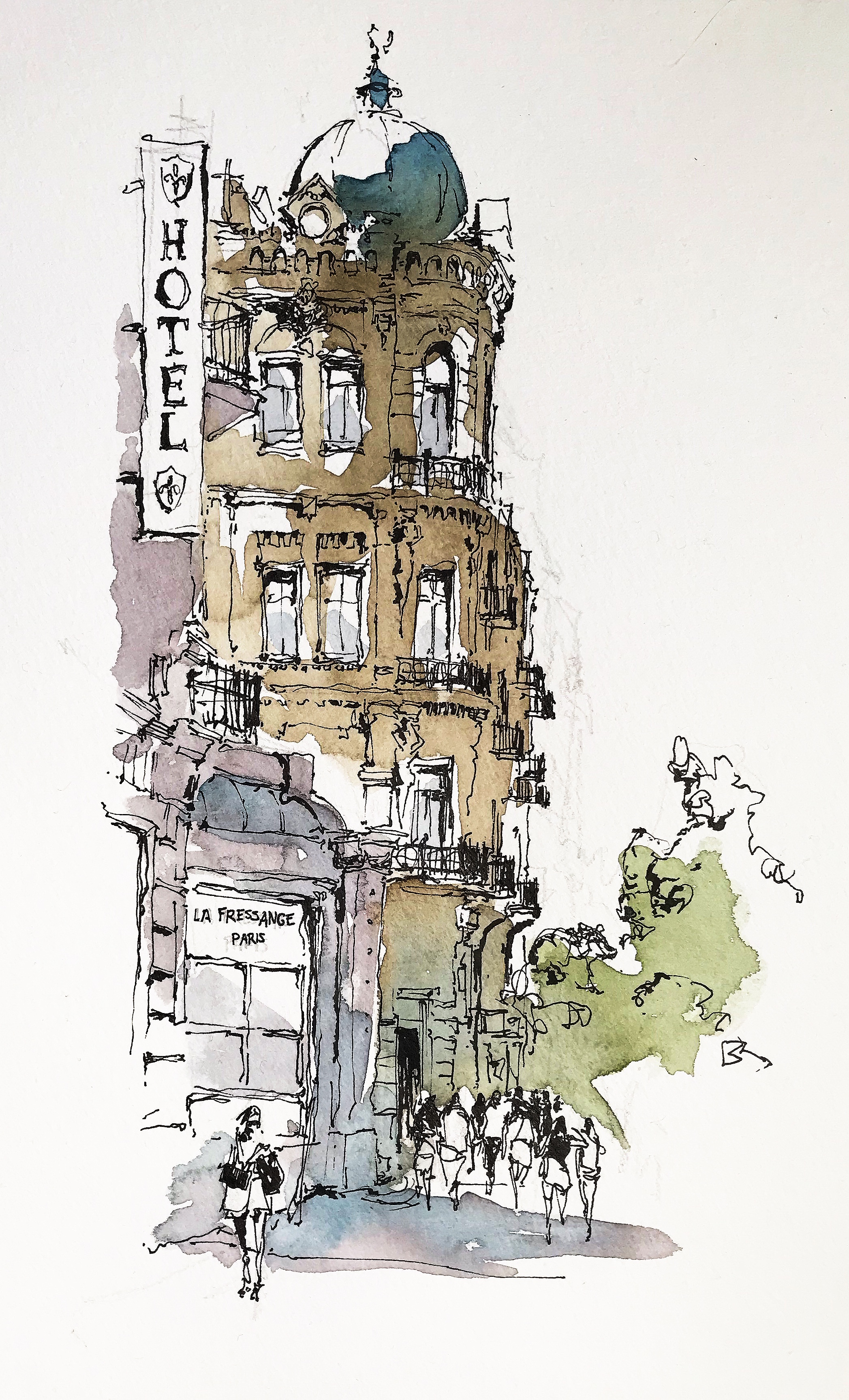 Watercolour and ink drawing of Bohdana Khmelnytskoho Street in Kyiv