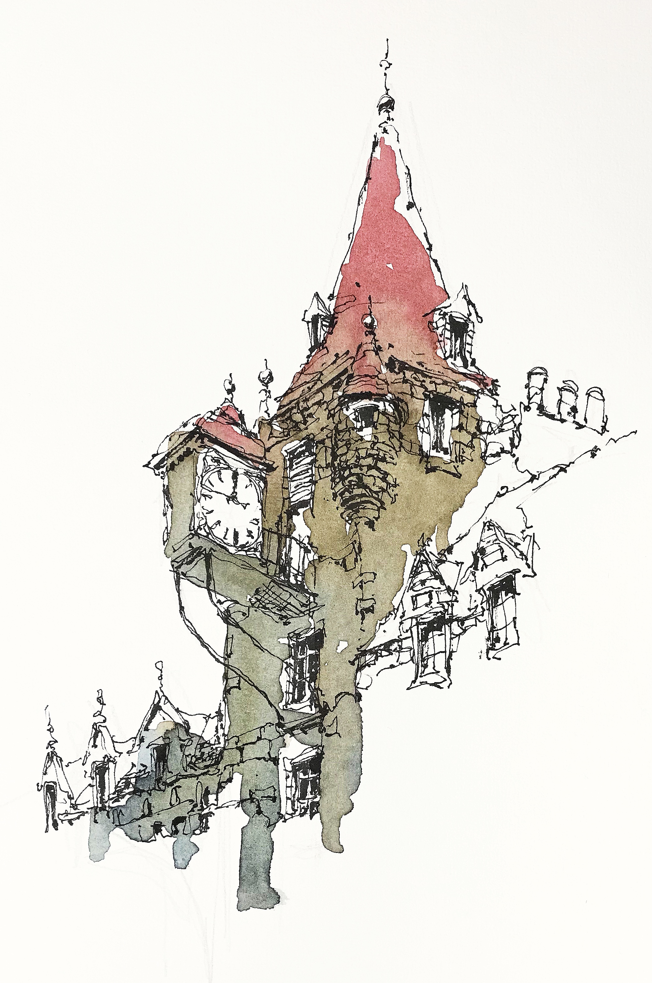 Watercolour and ink drawing of the Canongate Tolbooth in Edinburgh