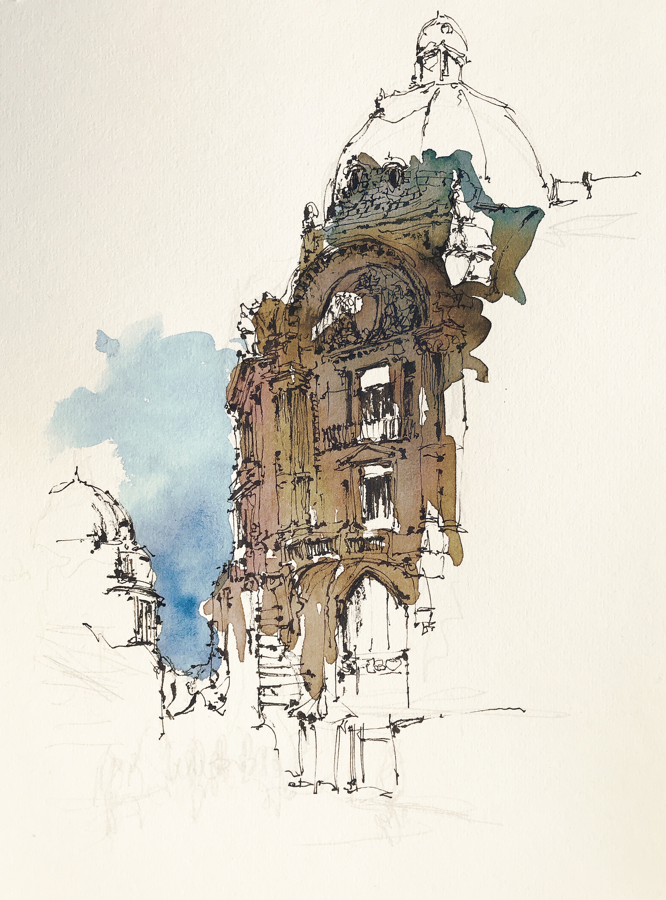 Watercolour and ink drawing of the Chamber of Commerce in Bucharest