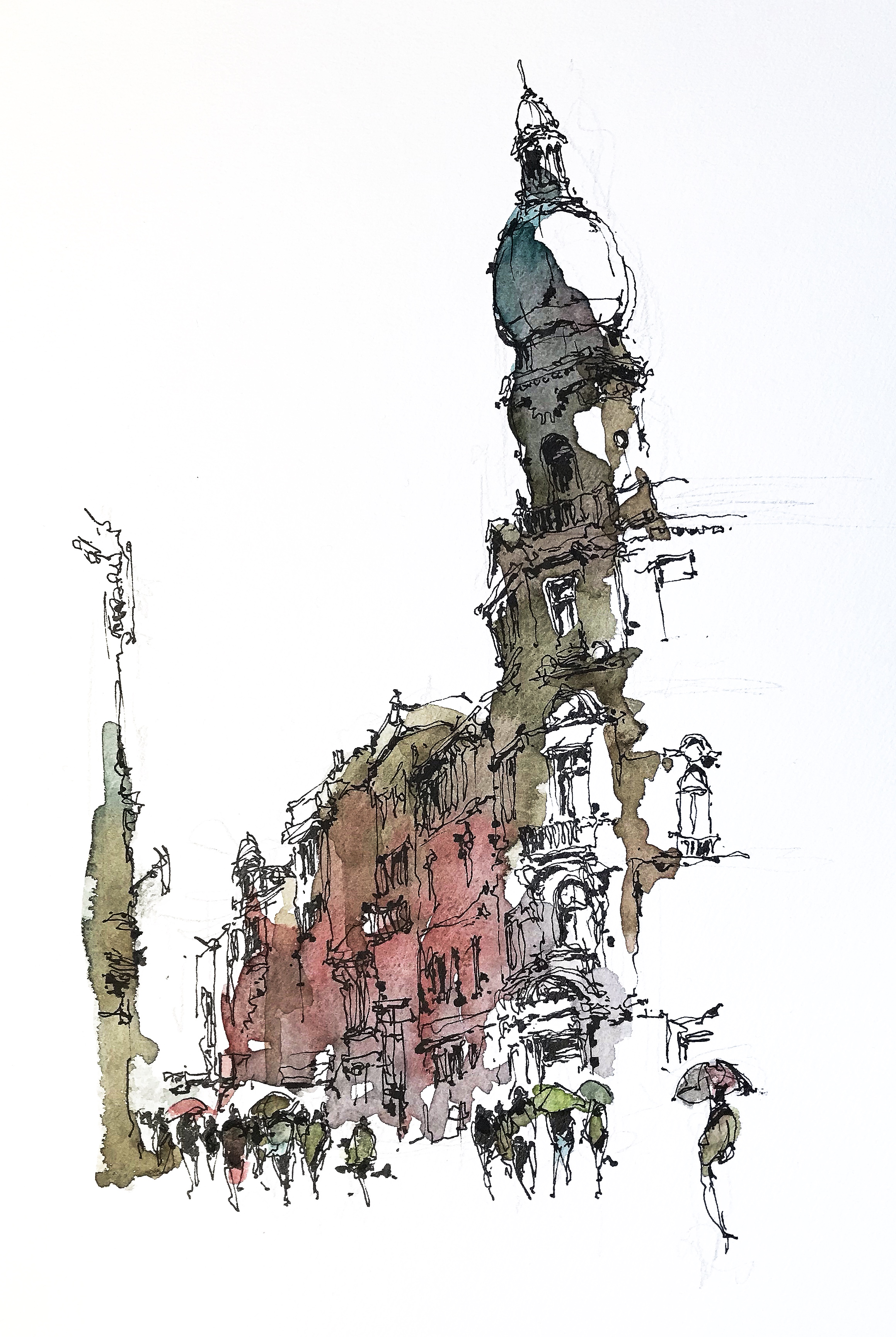 Watercolour and ink drawing of Ferhadija Street in Sarajevo
