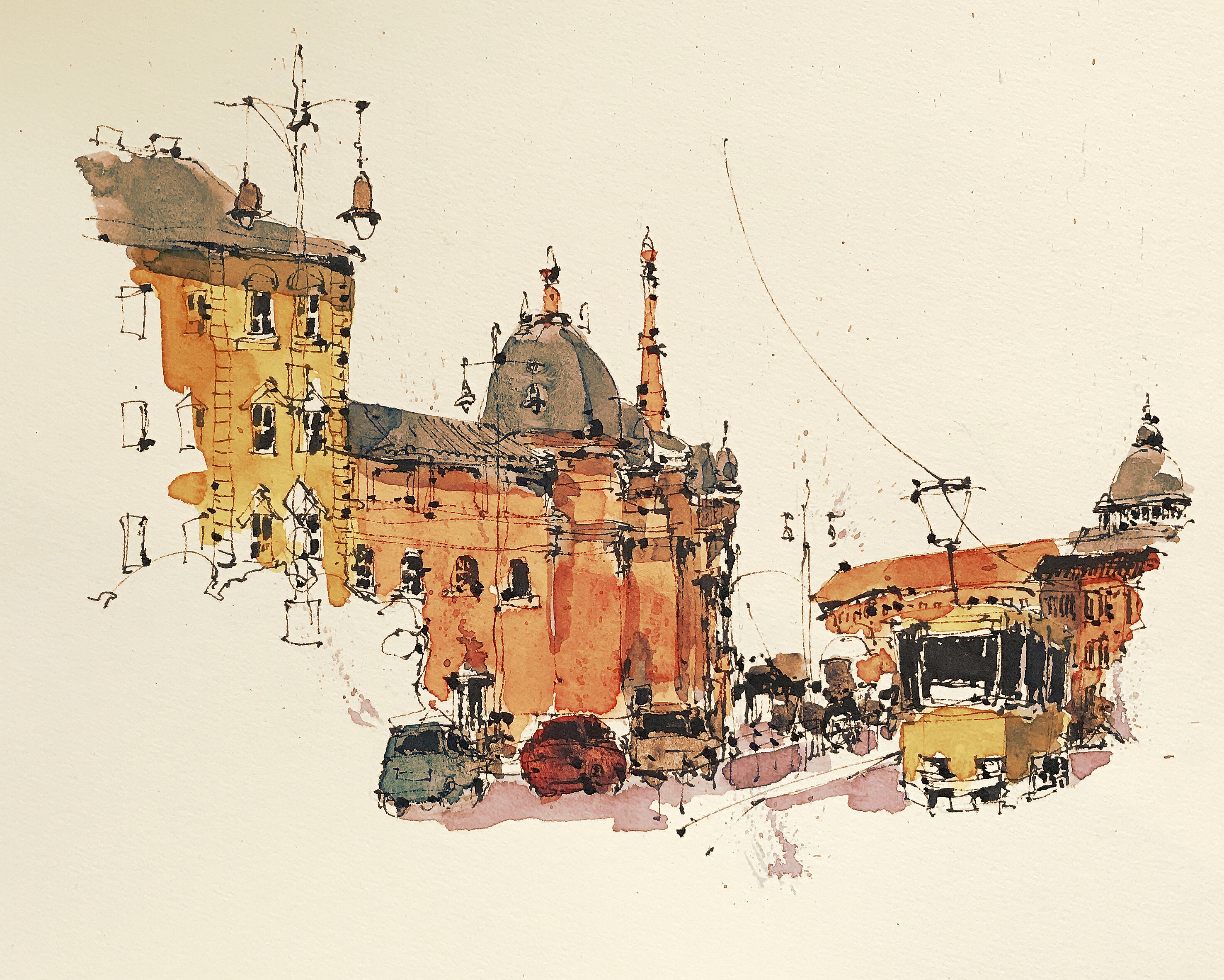 Watercolour and ink drawing of the Historic Center in Arad