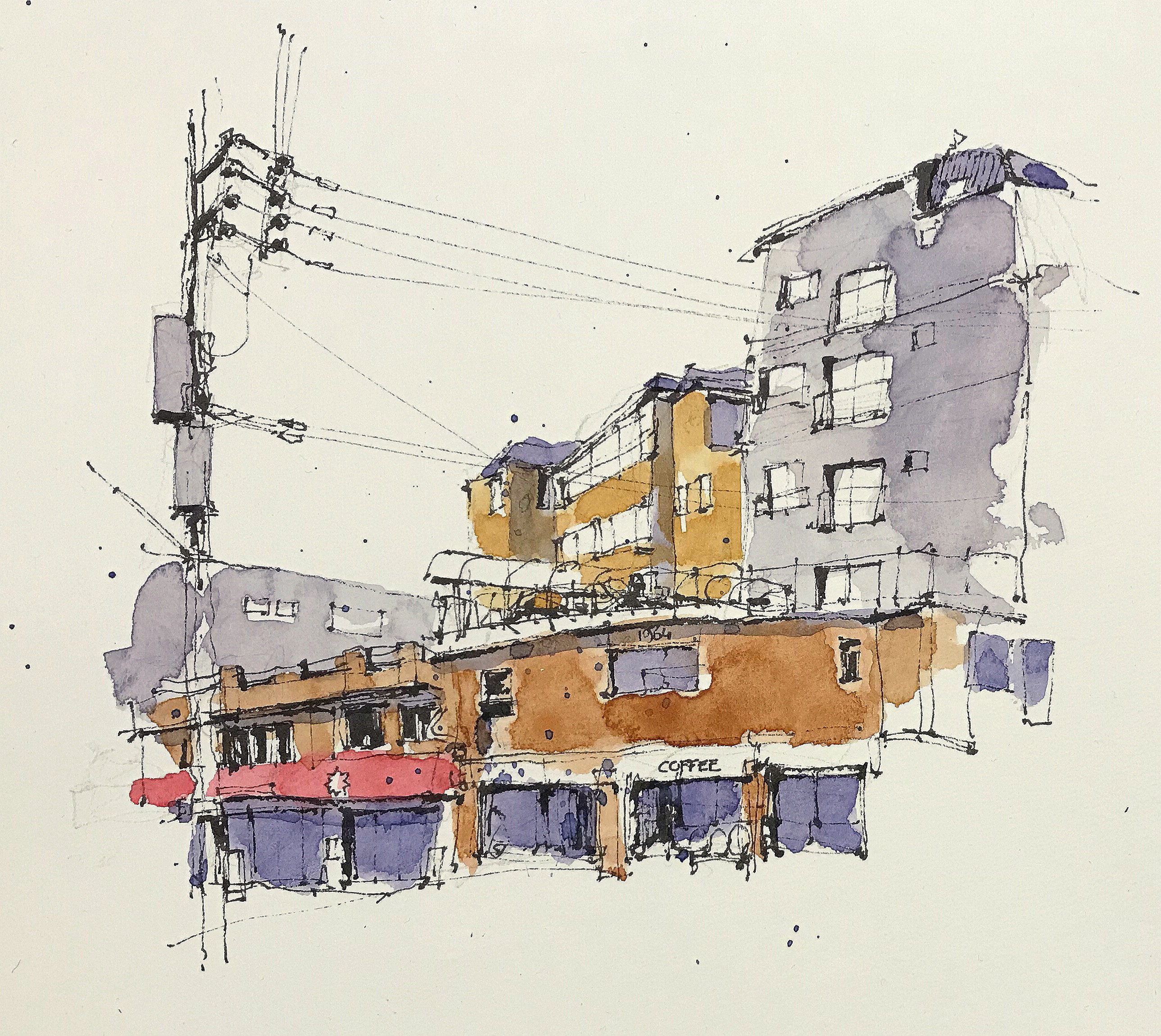 Watercolour and ink drawing of Jongam-dong in Seoul