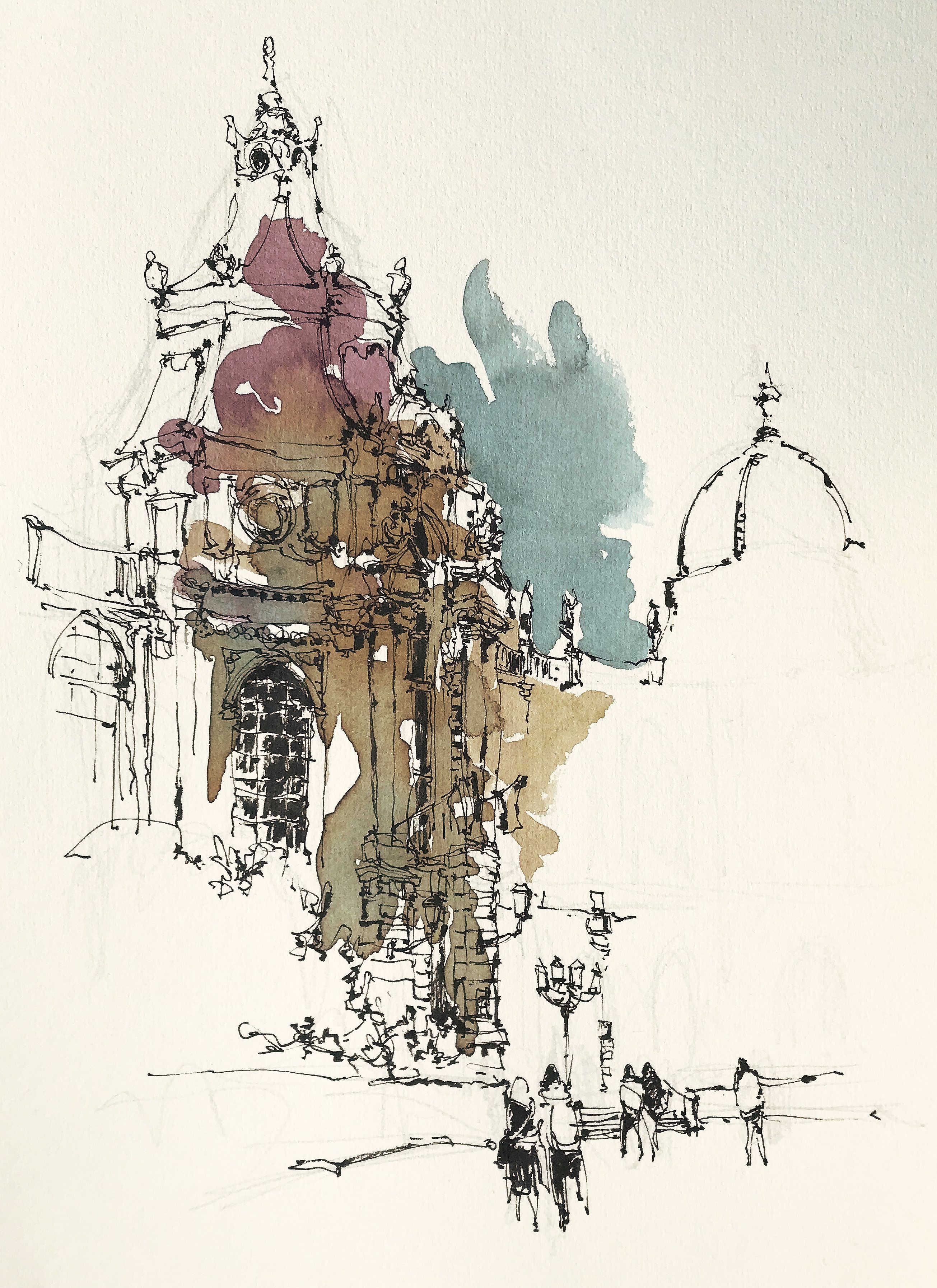Watercolour and ink drawing of the Museum of Hungarian Agriculture in Budapest