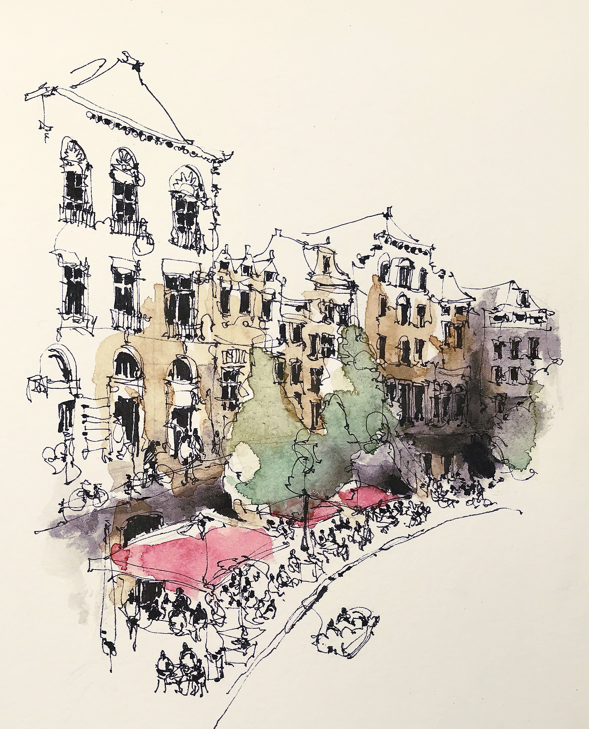 Watercolour and ink drawing of the Old Canal in Utrecht