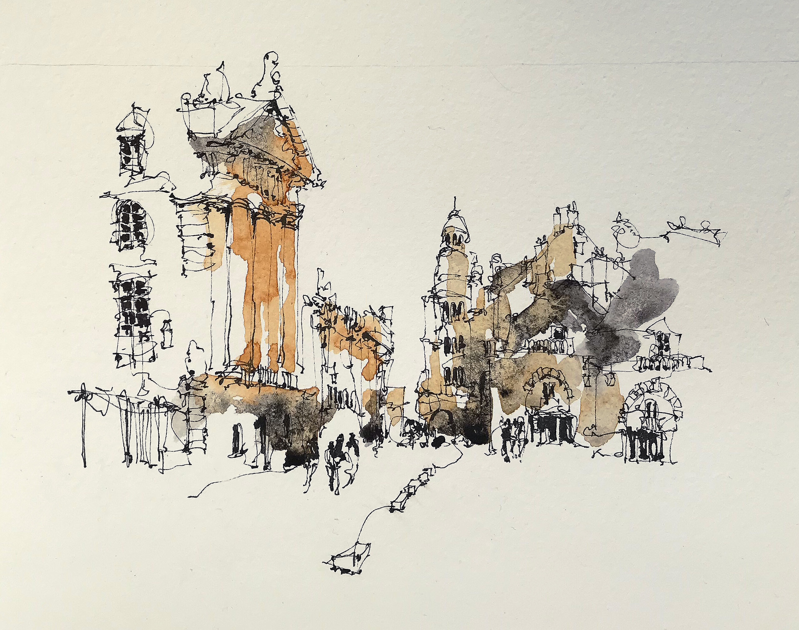 Watercolour and ink drawing of the Palace of the Dukes of Burgundy in Dijon