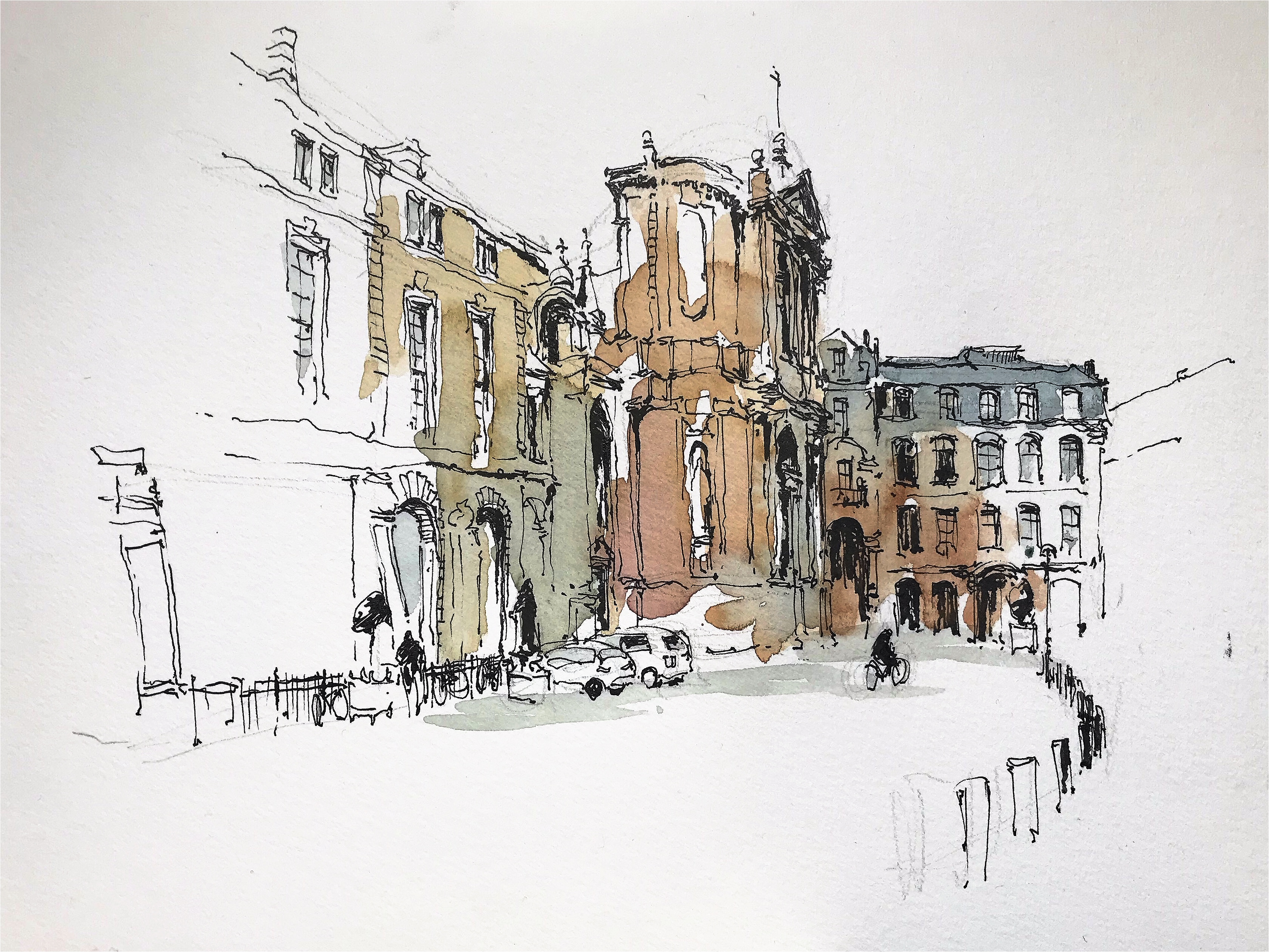 Watercolour and ink drawing of Place du Chapelet in Bordeaux